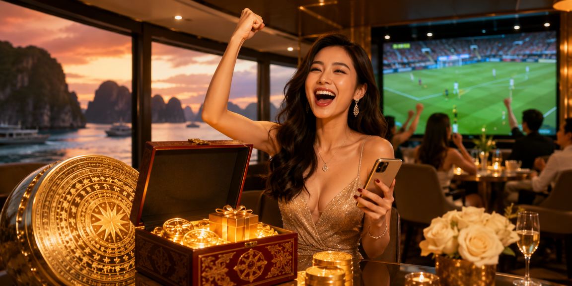 Người mẫu Việt Nam trải nghiệm cá cược casino với phong cảnh vịnh Hạ Long hùng vĩ phía sau