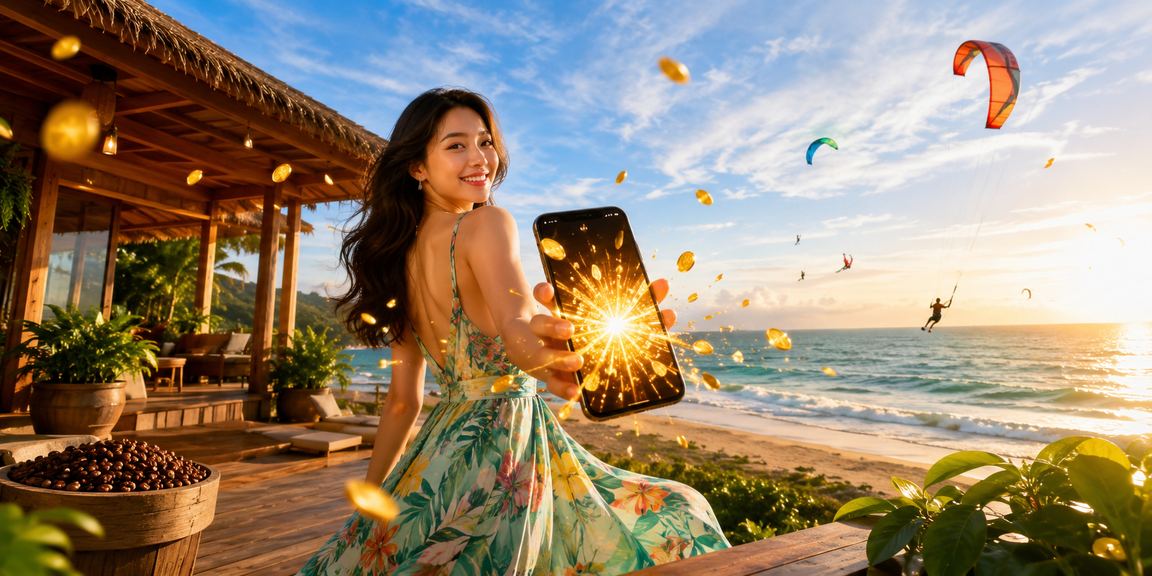 Người dùng thao tác giao dịch tài chính trên điện thoại tại quán cà phê Mũi Né